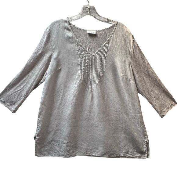 J. Jill Love Linen V Neck Micro-Pleat Tunic Lagonlook Oversize Top Women Gray - Picture 1 of 8